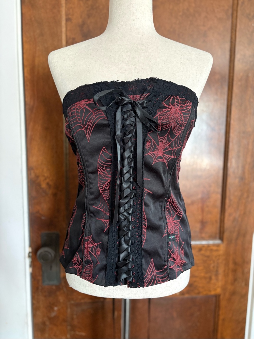 VTG Y2K Tripp NYC Red Black Spiderweb Lace Up Corset Top Goth Size Large